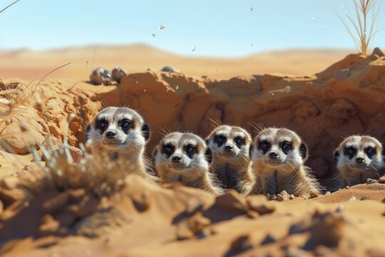 A playful group of meerkats standing in the desert, with their heads popped out and looking alert.