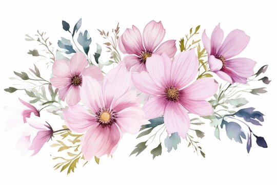 Pink Cosmos watercolor frame. botanical painting, floral sketch. Colorful flower clipart for summer or autumn design of wedding invitation, print, greeting, sublimation, textile , wedding invitation.