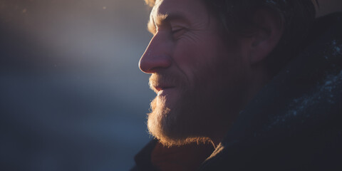 Close-up of a joyful man squinting in the sunlight, his face showing the pleasure of a crisp winter day