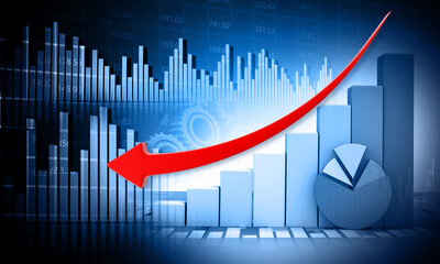 Down arrow showing stock market crash, stock market chart.  3d illustration..