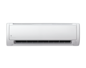 A white air conditioner mounted on a white wall The air conditioner is turned off and has a sleek modern design