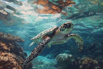 Fototapeta premium A serene sea turtle gracefully gliding through the crystal clear ocean waters in a painting.