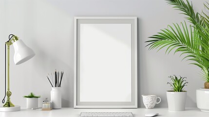 Poster mockup with vertical white frame in working room white background real photo - obrazy, fototapety, plakaty