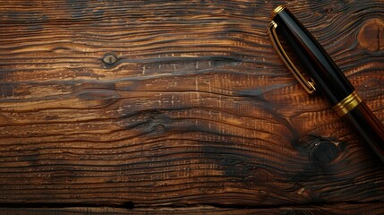 Elegant fountain pen on rustic wooden table background