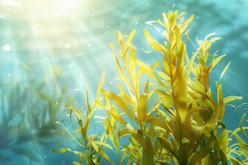 photorealistic yellow green kelp plant, underwater, sunlight rays, ocean background. - obrazy, fototapety, plakaty