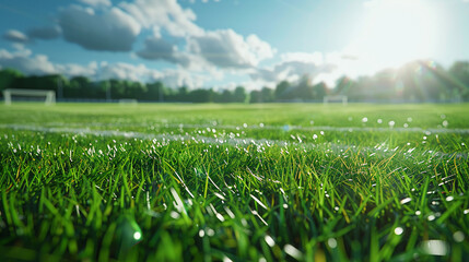 Lively and fresh football pitch, green grass ready for soccer and team sporting events, detailed texture,