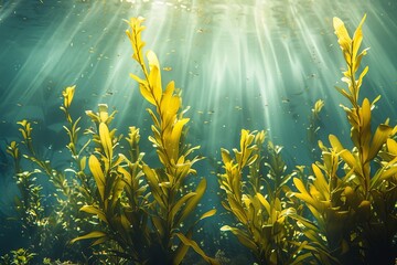 Fototapeta na wymiar photorealistic yellow green kelp plant, underwater, sunlight rays, ocean background.