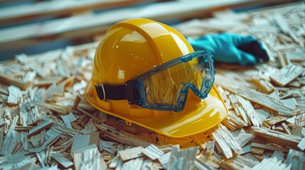 Hard Hat and Goggles on Pile of Wood