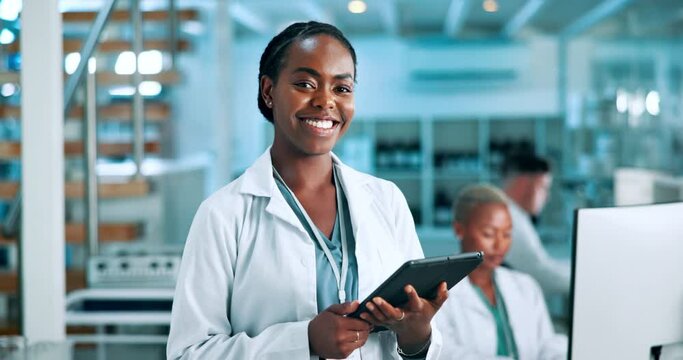 Smile, tablet and face of black woman in laboratory for medical research, pharmaceutical or biotech study. Healthcare, portrait and scientist with digital app, pride and professional career in lab