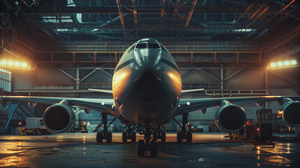 Massive passenger aircraft undergoing service in a spacious aviation hangar, detailed maintenance scene,