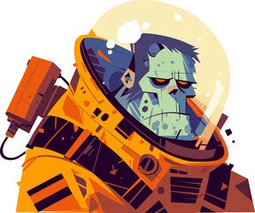 Sad zombie astronaut space adventure illustration. Flat vector cartoon illustration.