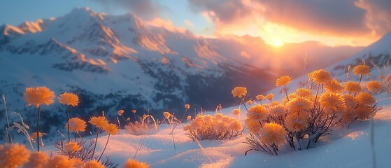Mountain Flowers Showered With The First Cold Snow. Illustration On The Theme Of Nature And Seasons, Climate And Ecology.  Generative AI