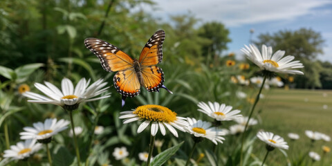 Sunlit field of daisies with fluttering butterflies. Chamomile flowers on a summer, background panoramic landscape.