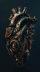 A realistic human heart made of mechanical parts and gears, on a dark background, in the cyberpunk