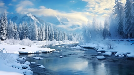 Winter mountain river in snowy landscape in hond as background