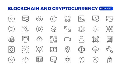 Blockchain, bitcoin thin line icons set vector illustration. Outline crypto money in digital wallet and data mining network, cryptocurrency exchange, transaction payment pictogram, cryptography Icons