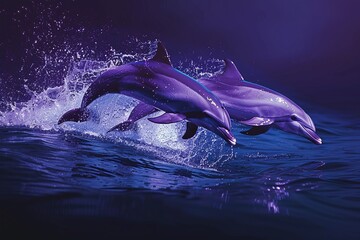 Two dolphins are leaping joyfully out of the water in a display of energy and playfulness.