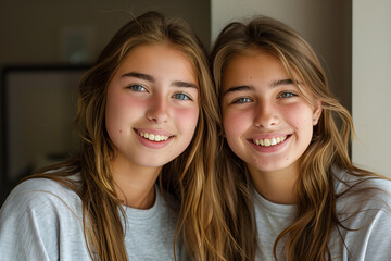
two beautiful twins, young women wearing identical clothes, candid smile
