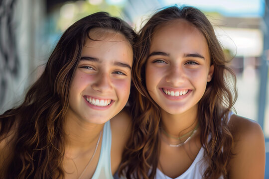
two beautiful twins, young women wearing identical clothes, candid smile