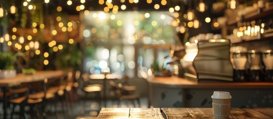 Blurred coffee shop with wooden table and chairs
