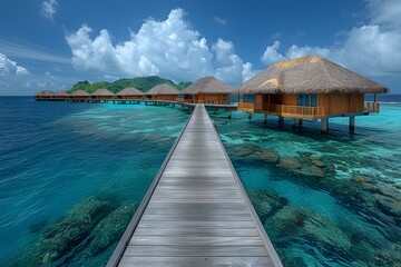 Pier Leading to Huts in the Ocean