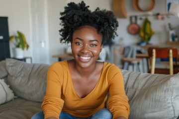 Happy African American Woman Sitting on Sofa at Home - Portrait of Smiling Woman at Home Concept - obrazy, fototapety, plakaty