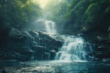Water Mountain at North Carolina: Upper Catawba Falls in the Beautiful Forest Landscape - obrazy, fototapety, plakaty