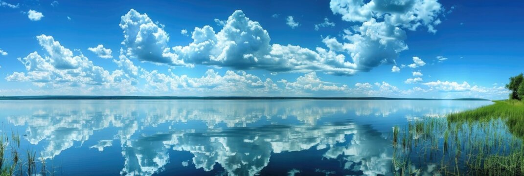 Lake And Sky. Panoramic Landscape with Calm Water Reflecting Blue Sky and Clouds