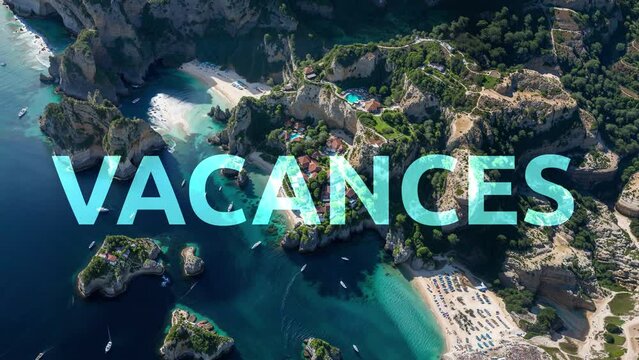 un paysage de plage zoom en arri&egrave;re sur le mot vacances, puis un avion passe