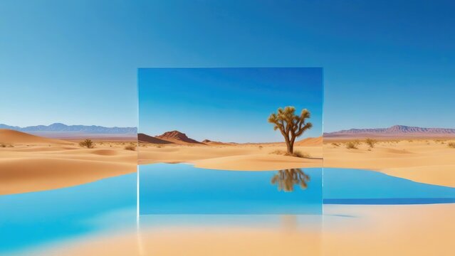 Desert Illusion 3D Render of Abstract Landscape with Reflective Mirrors and Blue Sky