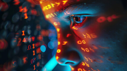 Teenage boy face, computer screen, binary numbers, code: internet online safety, screen obsession, Childs AI education, fun