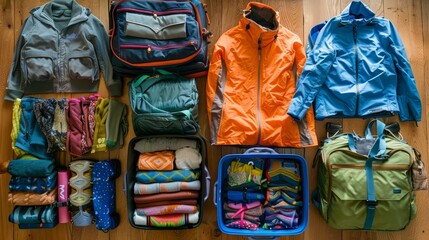 A focused view on packing essentials into travel luggage, highlighting the preparation of clothes and backpacks for a memorable trip to the park with kids - obrazy, fototapety, plakaty