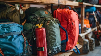 Close-up on travel suitcases and backpacks being packed with essentials, including a fire extinguisher, showcasing thorough trip readiness - obrazy, fototapety, plakaty