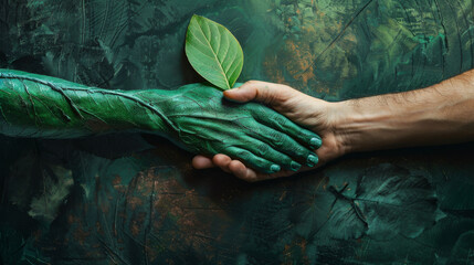 Human hand interlocks with leaf-patterned arm, symbolizing unity with nature, sustainability, and environmental harmony.