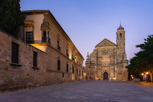 San Salvador church at night in Vazquez de Molina square in the old town of the Renaissance city of Ubeda, World Heritage Site by UNESCO. Jaen, Andalucia, Spain.