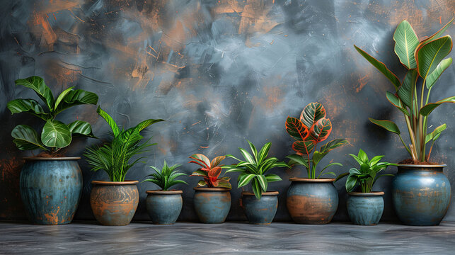Assortment of potted indoor plants against a textured dark grey background, creating a tranquil and natural atmosphere.
