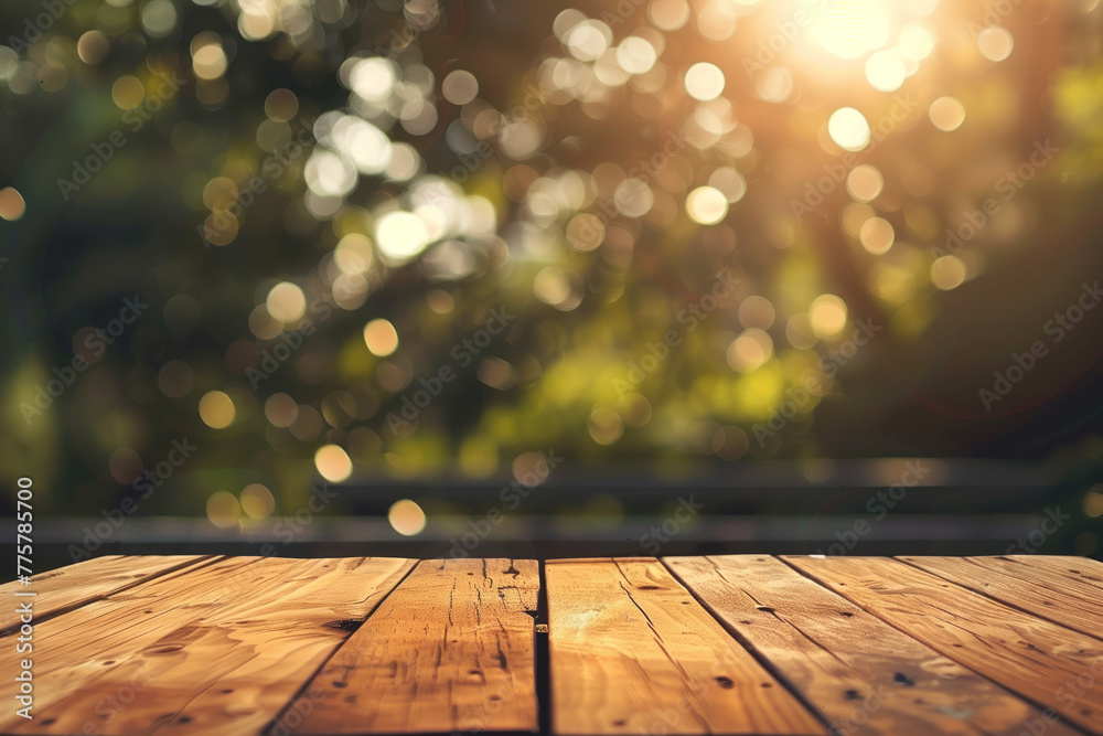 Poster wooden table in the garden. blurred trees in the back. background image. created with generative ai 