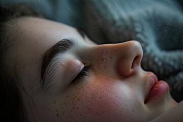 A close-up of a persons face in deep sleep with a soft focus on the peaceful expression and the comfort of the pillow