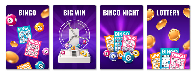 Realistic bingo vertical cards set collection with lottery cards and balls