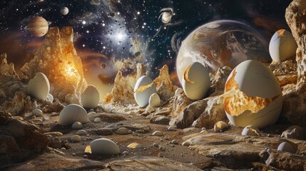 A conceptual artwork featuring eggs as planets in a solar system exploring cosmic themes