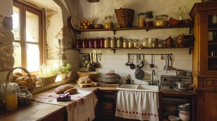 A cozy farmhouse kitchen with homemade preserves and fresh bread on the counter - obrazy, fototapety, plakaty