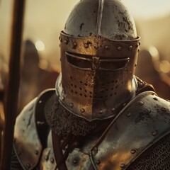 Fototapeta premium Close-up of a medieval knight's helmeted face, eyes alight with battle's fire, ideal for historical storytelling