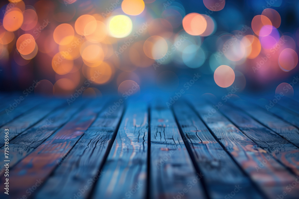 Poster wooden table with blurred lights and bokeh. background image. created with generative ai technology.