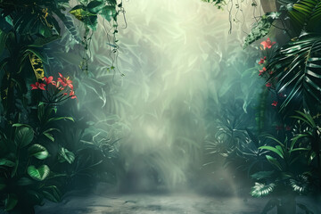 Misty tropical Background with palm leaves and flowers. Background image. Created with Generative AI technology.