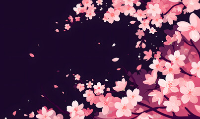 Illustration of a night sky with falling cherry blossoms, Generative AI