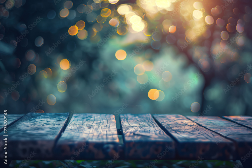 Poster wooden table with blurred lights and bokeh. background image. created with generative ai technology.