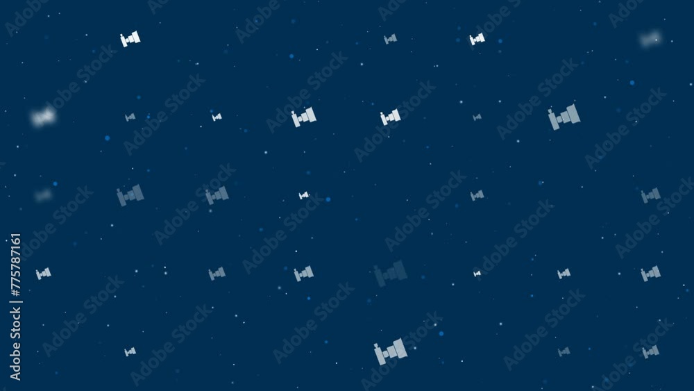Poster template animation of evenly spaced camera symbols of different sizes and opacity. animation of tran