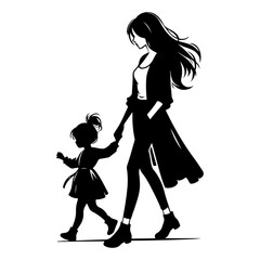 A sweet cute mommy with a small girl, wear casual outfits, walking holding arms isolated vector black color silhouette 25