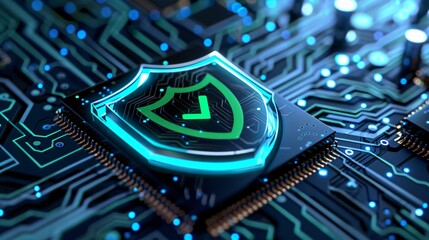 High-Tech Cybersecurity Shield on Microchip