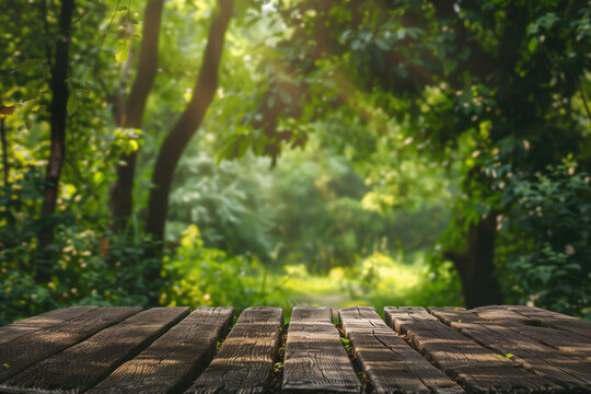 Wooden terrace floor in the park. Blurred trees in the back. Background image. Created with Generative AI technology.